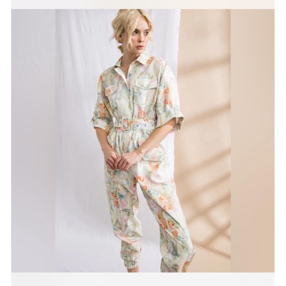 Lena Floral Utility Jumpsuit Pastel Linen Belted Boiler Suit Small Watercolor